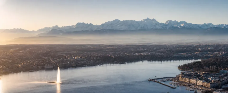 View of the Lake Geneva region and the Alps.