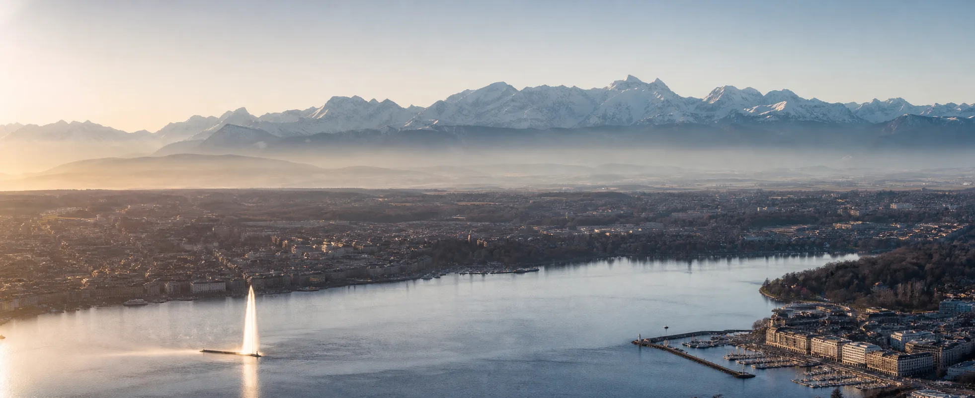 View of the Lake Geneva region and the Alps.