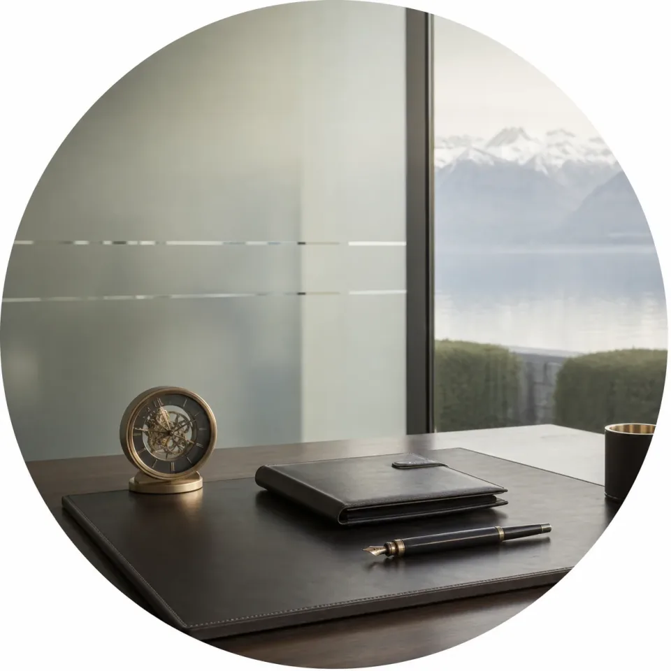 Still life in a Swiss office with mechanical clock, leather folder and pen.